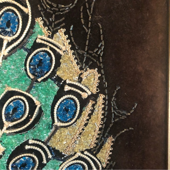 Vintage MCM Peacock on Brown Velvet Gravel Art - Picture 11 of 14